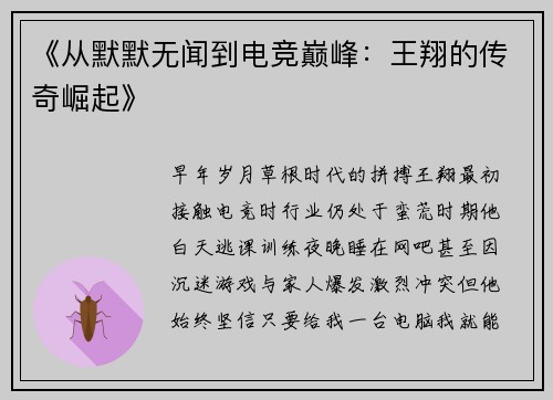 《从默默无闻到电竞巅峰：王翔的传奇崛起》